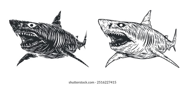 Angry shark in hand drawn sketch style. Monochrome silhouette fish for tattoo, print, branding. Vector illustration.