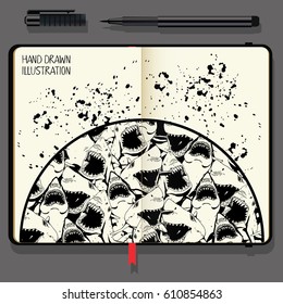 Angry Shark Illustration. Sea Life Pattern. Vector Notebooks with Fine Liner Pen and Hand Drawn Doodles.