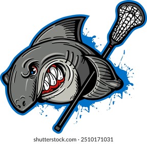 angry shark mascot holding lacrosse stick in fin for school, college or league sports