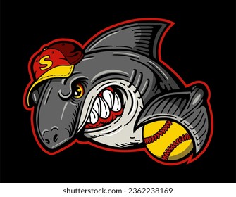 angry shark mascot holding softball in fin for school, college or league sports