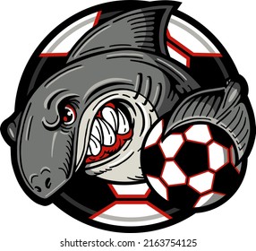 angry shark mascot inside large soccer ball for school, college or league
