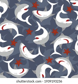 Angry shark and sea stars seamles pattern. Sea life hand drawn Illustration. Print for child fabric.
