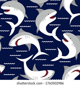 Angry shark seamles pattern. Sea life hand drawn Illustration. Print for child clothes.
