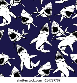 Angry Shark Seamless Pattern. Sea Life Hand Drawn Illustration.