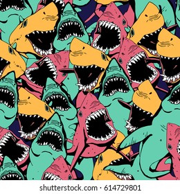 Angry Shark Seamless Pattern. Sea Life Hand Drawn Illustration.