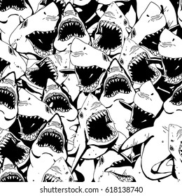 Angry Shark Seamless Pattern. Sea Life Hand Drawn Illustration.