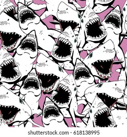 Angry Shark Seamless Pattern. Sea Life Hand Drawn Illustration.