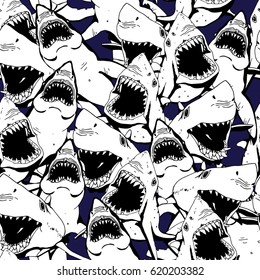 Angry Shark Seamless Pattern. Sea Life Hand Drawn Illustration.