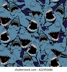 Angry Shark Seamless Pattern. Sea Life Hand Drawn Illustration.