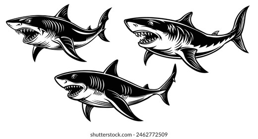 Angry shark set of black silhouette