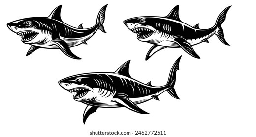 Angry shark set of black silhouette