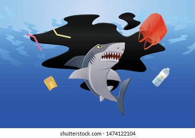 Angry shark surrounded by garbage vector