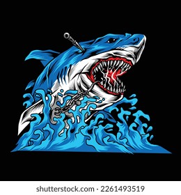 Angry shark and water vector design, good for t-shirt design, posters, merch, etc