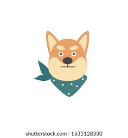 Angry Shiba inu dog head isolated on white background. Cute animal with mad facial expression and green neck bandana showing sharp teeth - flat vector illustration.