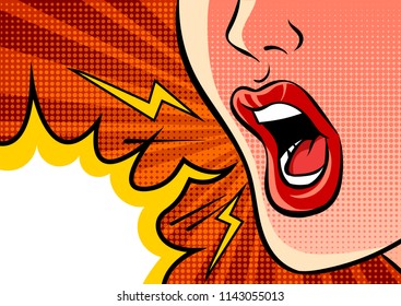 Angry shouting female mouth and empty speech bubble. Pop art vector comic illustration.