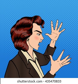 Angry Shouting Woman. Furious Girl. Pop Art Banner. Vector illustration