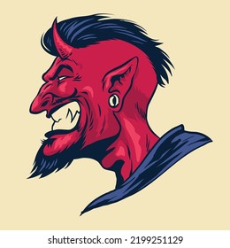 angry side face of devil in vintage hand drawn style