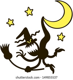 Angry silhouetted witch holding her broom, rising a hand and complaining while stuck on a crescent moon as a result of a flight accident