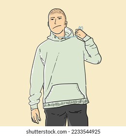 Cabeza de piel enojada levanta sus cordones de suéter aislados en el vector de fondo amarillo ilustraciones modernas