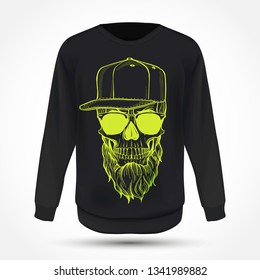 Angry skull with beard, hat and sunglasses on jumper . Vector illustration, EPS 10