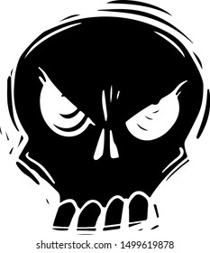 Angry skull black and white hand drawn illustration. Spooky Halloween symbol. Human skull with teeth, evil face silhouette. 