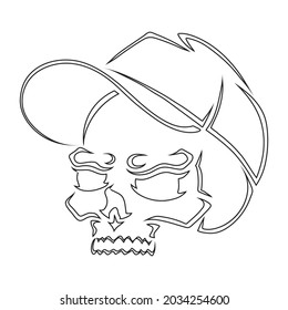 Angry skull with cap. Outline silhouette. Design element. Vector illustration isolated on white background. Template for books, stickers, posters, cards, clothes.
