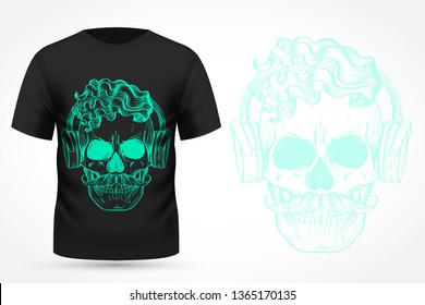 Angry skull with cirly hairstyle, moustaches and headphones on T-shirt . Vector illustration, EPS 10