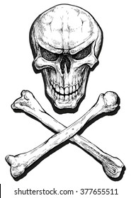 Angry skull and crossbones - hand drawn vector illustration, isolated on white