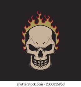 angry skull with flames on head with traditional old school tattoo style