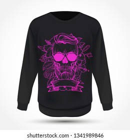 Angry skull with hairstyle, beard and sunglasses with flowers and ribbon. Vector illustration, EPS 10