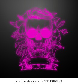 Angry skull with hairstyle, beard and sunglasses with flowers and ribbon. Vector illustration, EPS 10
