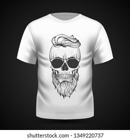 Angry skull with hairstyle, beard and sunglasses, line art on T-shirt . Vector illustration, EPS 10