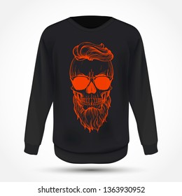 Angry skull with hairstyle, beard and sunglasses, line art on jumper . Vector illustration, EPS 10