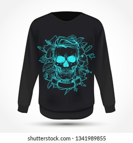 Angry skull with hairstyle with flowers and ribbon on jumper. Vector illustration, EPS 10