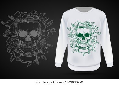 Angry skull with hairstyle with flowers and ribbon. Vector illustration, EPS 10