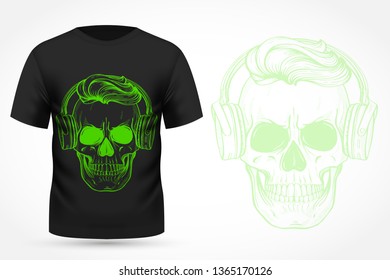 Angry skull with hairstyle and headphones on T-shirt . Vector illustration, EPS 10