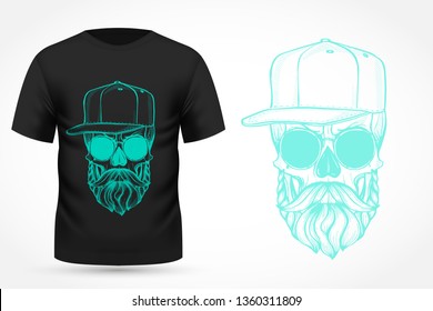 Angry skull with hairstyle, moustaches, beard, hat and sunglasses. Vector illustration, EPS 10