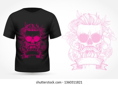 Angry skull with hairstyle, moustaches, beard and sunglasses with flowers and ribbon. Vector illustration, EPS 10