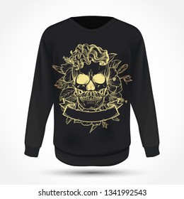 Angry skull with hairstyle and moustaches with flowers and ribbon