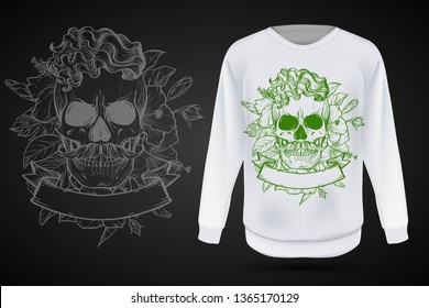 Angry skull with hairstyle and moustaches with flowers and ribbon. Vector illustration, EPS 10