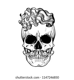 Angry skull with hairstyle and moustaches, line art