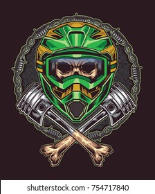 Angry Skull Head with Helmet Motorcross and Cross Bones