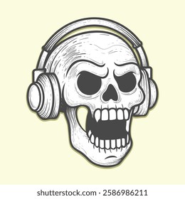 angry skull with headphone black and white design