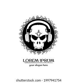 angry skull monkey with using headphone, monogram logo
