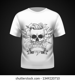 Angry skull with moustaches and hairstyle with flowers and ribbon on T-shirt . Vector illustration, EPS 10
