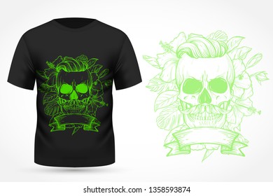 Angry skull with moustaches and hairstyle with flowers and ribbon. Vector illustration, EPS 10