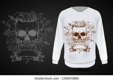 Angry skull with moustaches and hairstyle with flowers and ribbon. Vector illustration, EPS 10