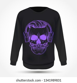 Angry skull with moustaches, hairstyle and headphones on jumper . Vector illustration, EPS 10