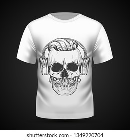 Angry skull with moustaches, hairstyle and headphones on T-shirt . Vector illustration, EPS 10