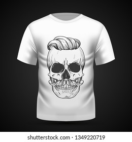 Angry skull with moustaches and hairstyle, line art on T-shirt . Vector illustration, EPS 10